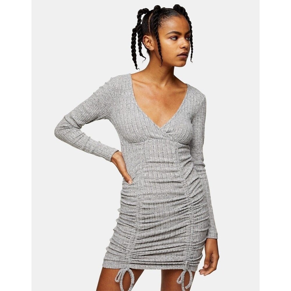 Spring Haze Super Soft Grey Scrunch Dress Ribbed Mini Large Long Sleeve